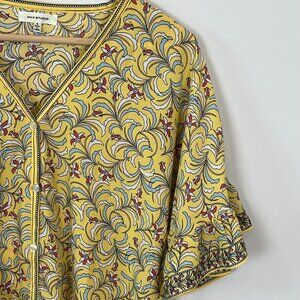 Max Studio yellow blue floral tie front button up blouse ruffle sleeve Size S